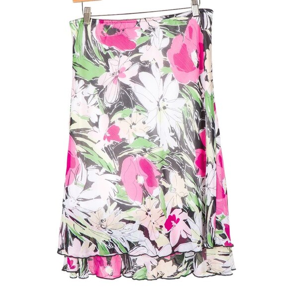Briggs Womens Skirt PS Petite Floral Pink Black White Modest Long Layered Ruffle - Picture 7 of 7